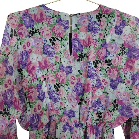 WAYF Mini Dress Sz Small S Spring Purple Floral Long Sleeve Flutter All over - Picture 7 of 11
